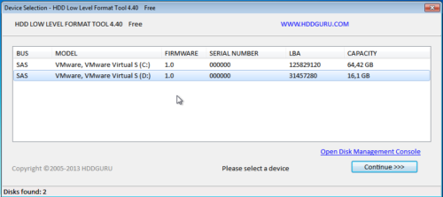 Список дисков в HDD LLF Low Level Format Tool