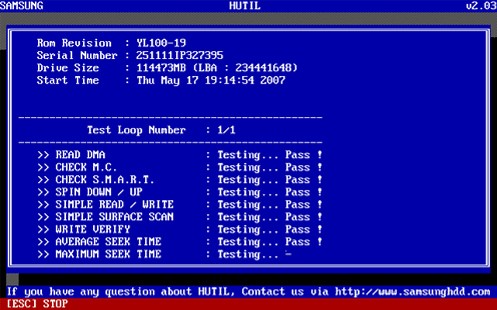 Интерфейс программы SAMSUNG DRIVE DIAGNOSTIC UTILITY (Hutil)