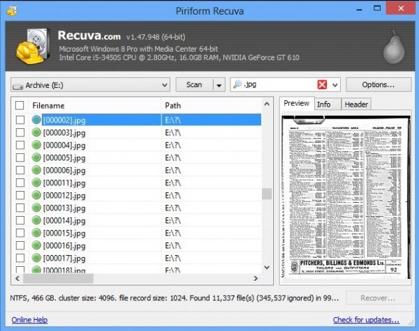 Интерфейс программы Recuva