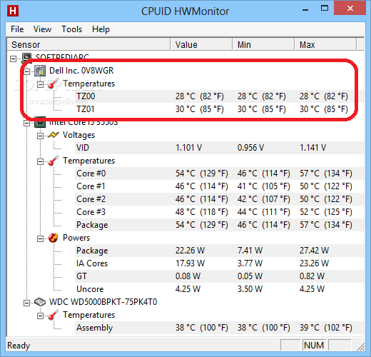 Интерфейс программы CPUID HWMonitor